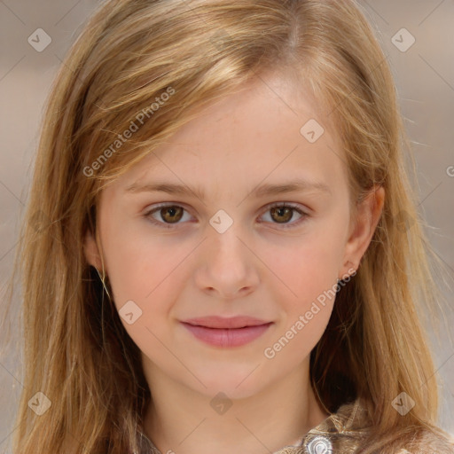 Joyful white child female with medium  brown hair and brown eyes