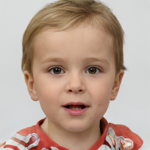 Joyful white child female with short  brown hair and grey eyes