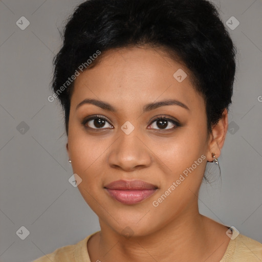 Joyful latino young-adult female with short  black hair and brown eyes