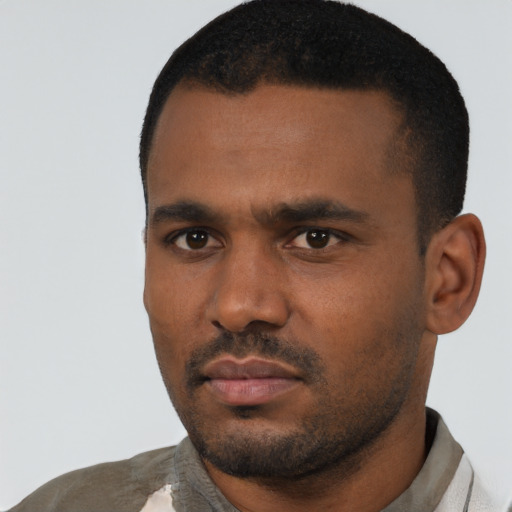 Neutral black young-adult male with short  black hair and brown eyes
