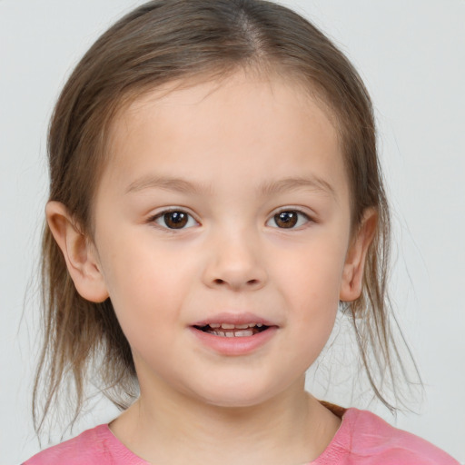 Joyful white child female with medium  brown hair and brown eyes