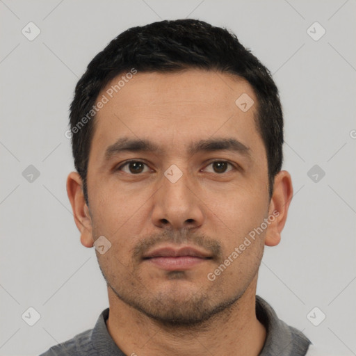 Neutral asian young-adult male with short  black hair and brown eyes