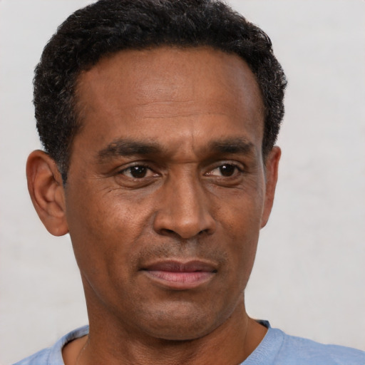 Neutral black adult male with short  black hair and brown eyes
