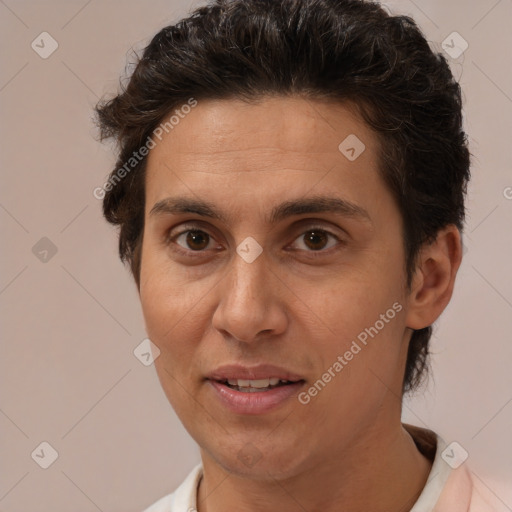 Joyful white adult female with short  brown hair and brown eyes