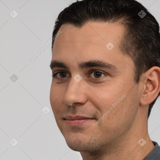 Neutral white young-adult male with short  brown hair and brown eyes