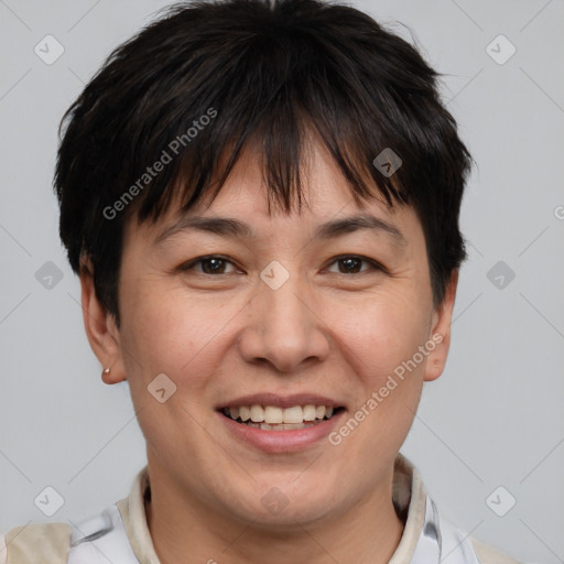 Joyful white adult female with short  brown hair and brown eyes