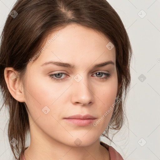 Neutral white young-adult female with medium  brown hair and grey eyes