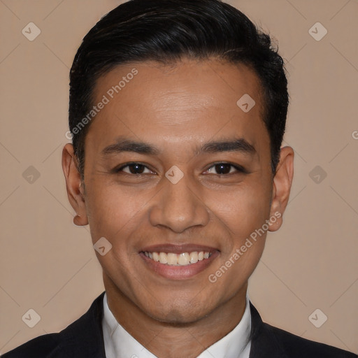 Joyful white young-adult male with short  black hair and brown eyes