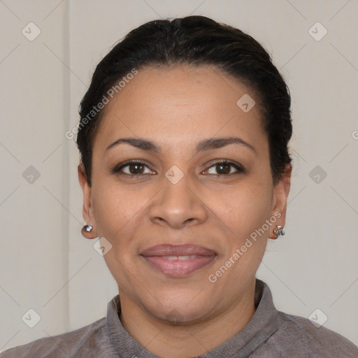 Joyful latino young-adult female with short  brown hair and brown eyes