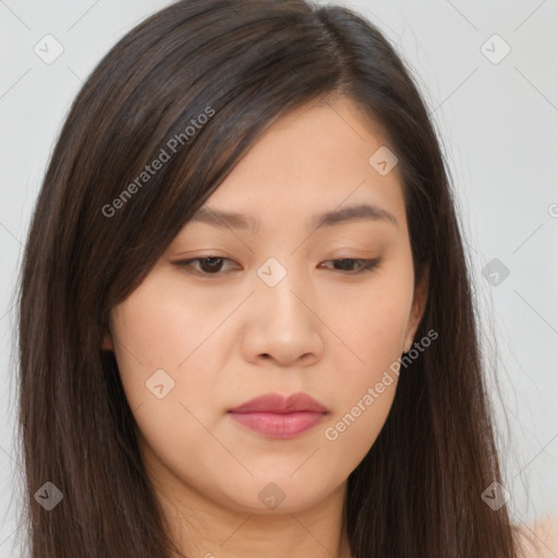 Neutral asian young-adult female with long  brown hair and brown eyes