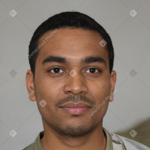 Neutral black young-adult male with short  black hair and brown eyes