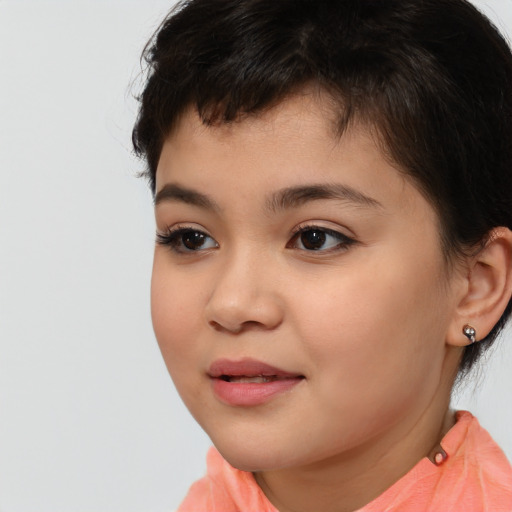 Joyful asian child female with short  brown hair and brown eyes