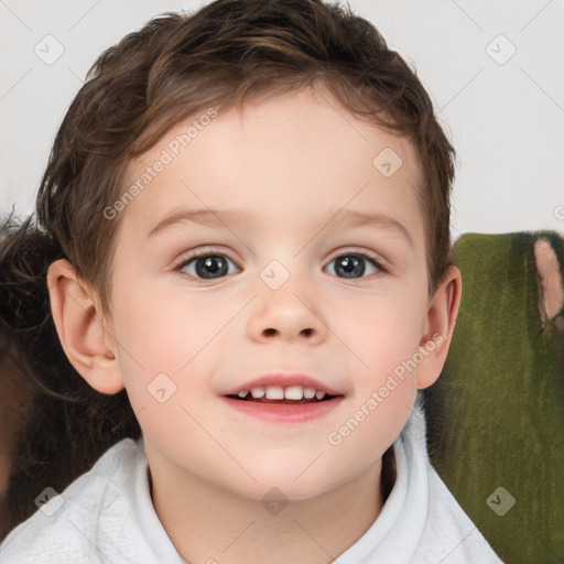 Joyful white child female with short  brown hair and brown eyes