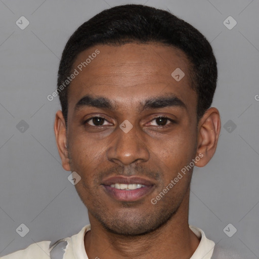 Joyful latino young-adult male with short  black hair and brown eyes