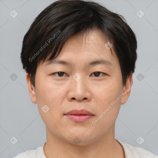 Joyful asian young-adult male with short  brown hair and brown eyes