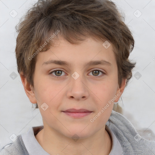 Joyful white child male with short  brown hair and brown eyes