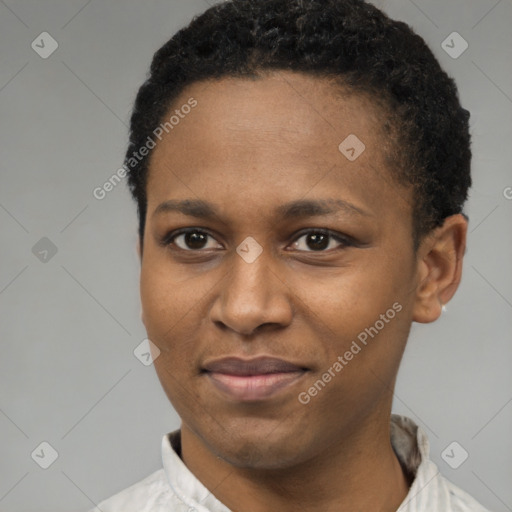 Joyful black young-adult female with short  brown hair and brown eyes