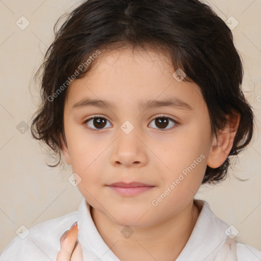 Joyful white child female with medium  brown hair and brown eyes