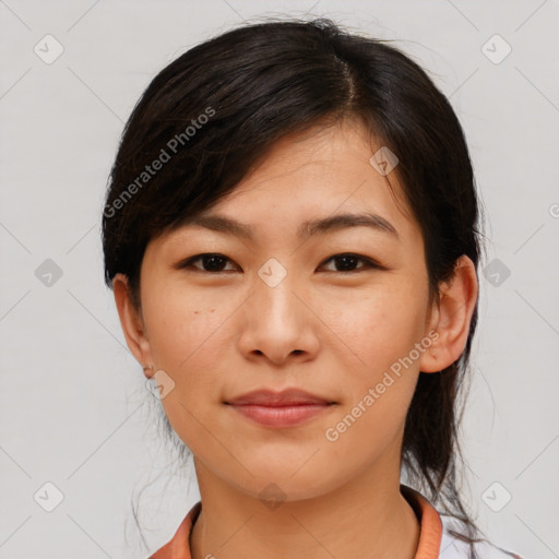 Neutral asian young-adult female with medium  brown hair and brown eyes