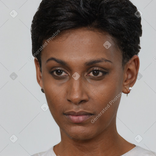 Neutral black young-adult female with short  black hair and brown eyes