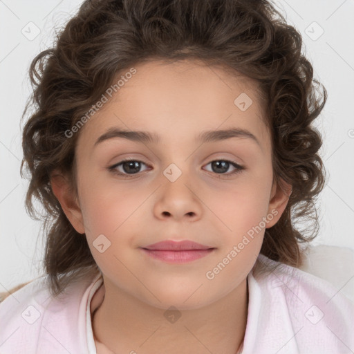 Joyful white child female with medium  brown hair and brown eyes