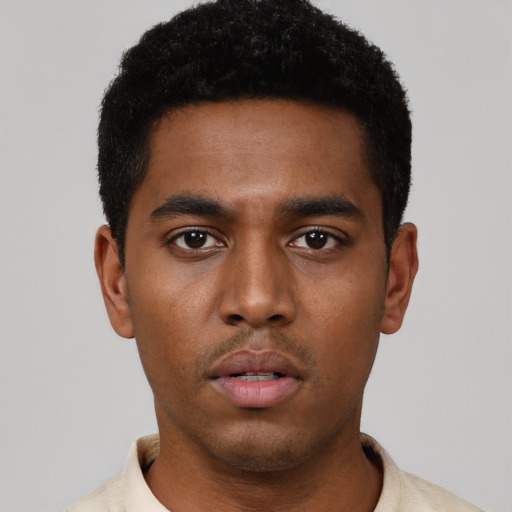 Neutral black young-adult male with short  black hair and brown eyes