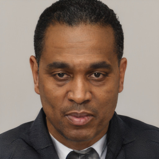 Neutral black adult male with short  black hair and brown eyes