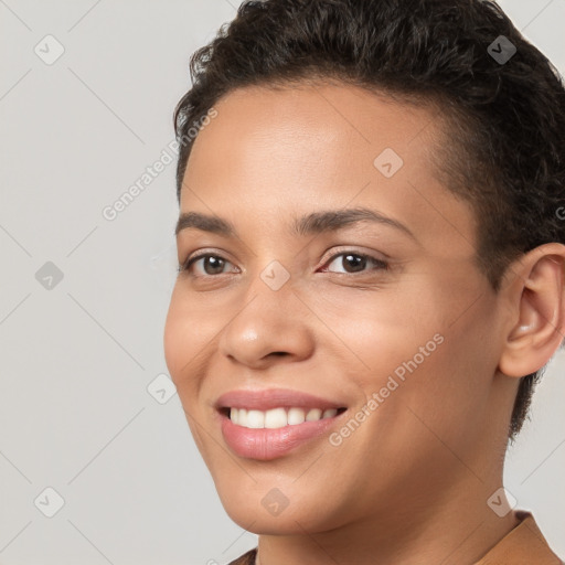 Joyful white young-adult female with short  brown hair and brown eyes