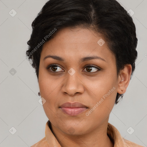 Joyful latino young-adult female with short  brown hair and brown eyes