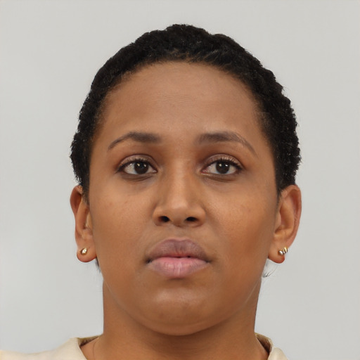 Neutral black young-adult female with short  brown hair and brown eyes