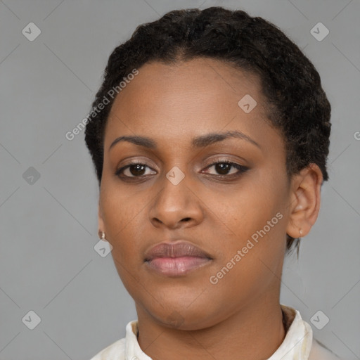 Neutral black young-adult female with short  brown hair and brown eyes