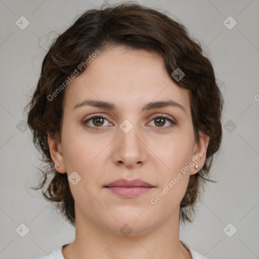 Neutral white young-adult female with medium  brown hair and brown eyes