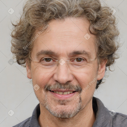 Joyful white middle-aged male with short  brown hair and brown eyes