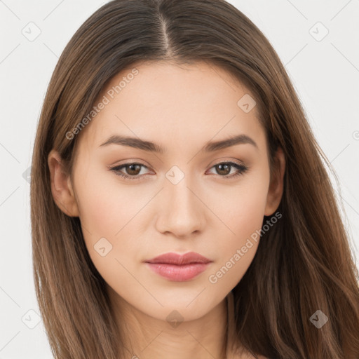 Neutral white young-adult female with long  brown hair and brown eyes