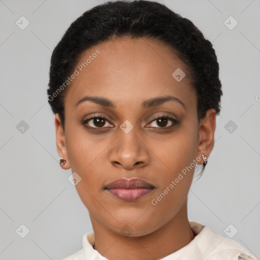 Joyful latino young-adult female with short  black hair and brown eyes