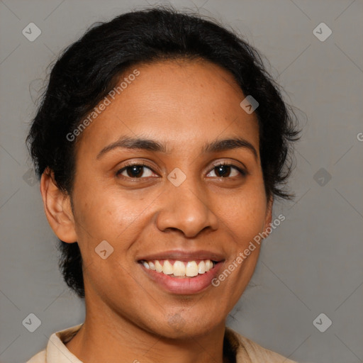 Joyful latino young-adult female with medium  brown hair and brown eyes