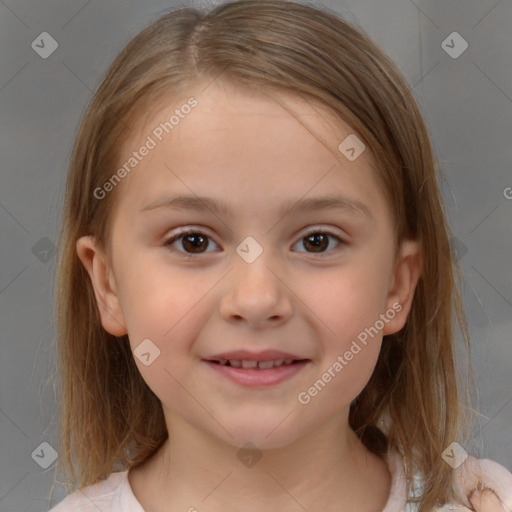 Joyful white child female with medium  brown hair and brown eyes