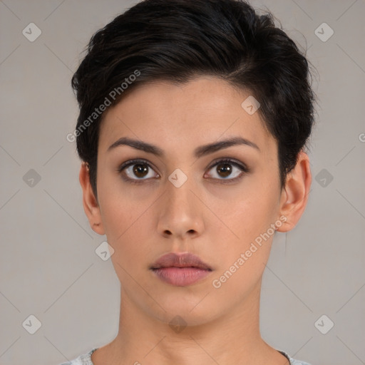 Neutral white young-adult female with short  brown hair and brown eyes