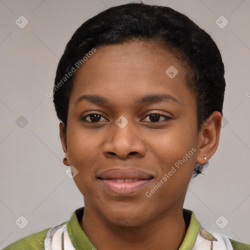 Joyful latino young-adult female with short  black hair and brown eyes