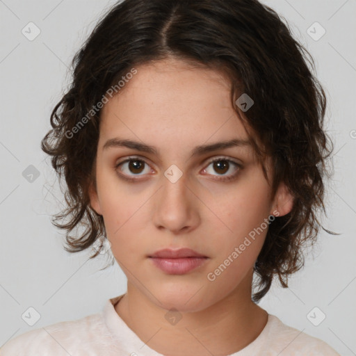 Neutral white young-adult female with medium  brown hair and brown eyes