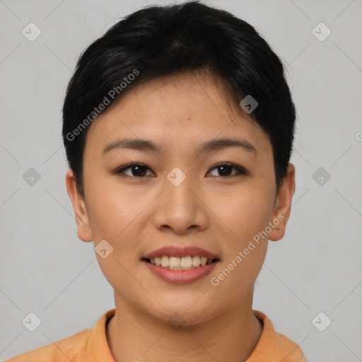 Joyful asian young-adult female with short  brown hair and brown eyes