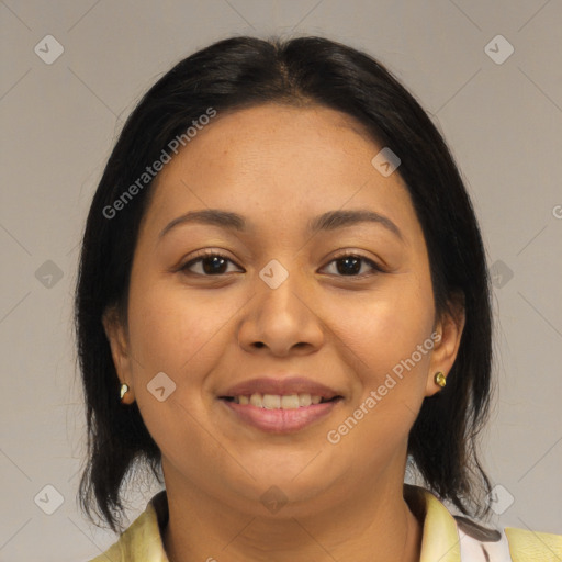 Joyful latino young-adult female with medium  brown hair and brown eyes