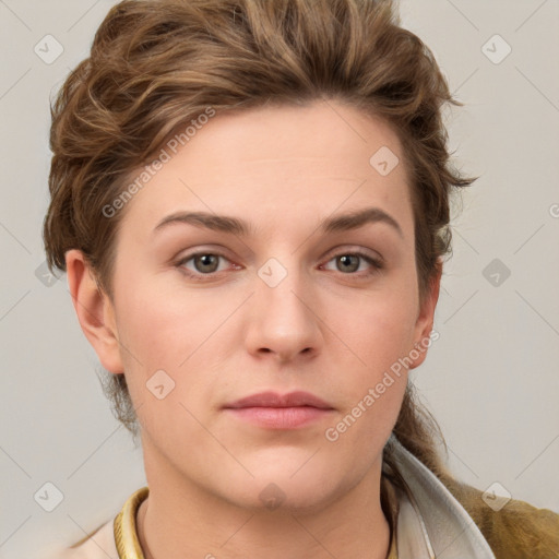 Neutral white young-adult female with short  brown hair and brown eyes