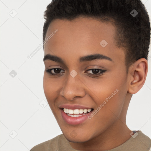 Joyful white young-adult female with short  brown hair and brown eyes