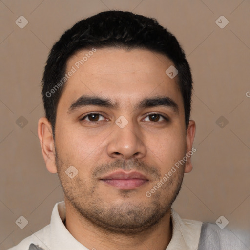 Neutral latino young-adult male with short  black hair and brown eyes