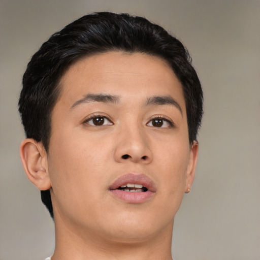 Neutral asian young-adult male with short  brown hair and brown eyes