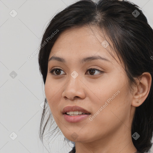 Joyful white young-adult female with medium  brown hair and brown eyes