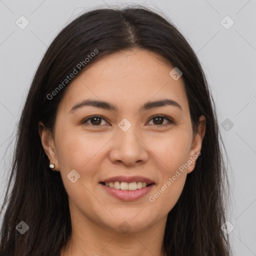 Joyful white young-adult female with long  brown hair and brown eyes