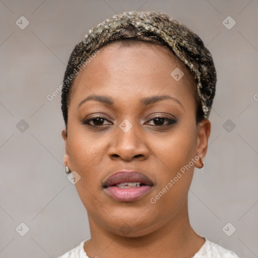 Joyful black young-adult female with short  brown hair and brown eyes