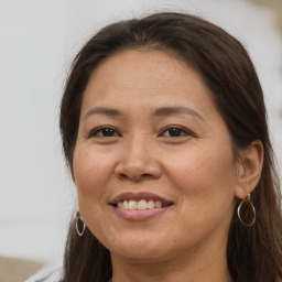 Joyful white adult female with long  brown hair and brown eyes